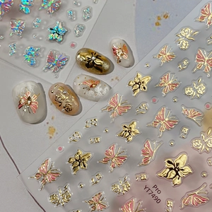 3D Embossed Butterfly Nail Stickers Metallic Gold Flower Self-Adhesive Nail Art Decals Holographic Butterfly Manicure Decor