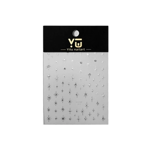 Silver star nail art sticker sheet with metallic glitter finish on a white background