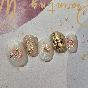 Exquisite 3D butterfly floral nail stickers with gold relief and pearl accents