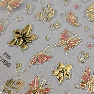3D gold butterfly nail art stickers with pink floral relief designs Pro 7490 series
