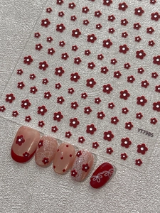 Detail of red floral 3D nail stickers YT7985 with various manicure design examples