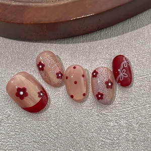 Exquisite 3D red floral relief nail stickers with elegant lace and polka dot patterns