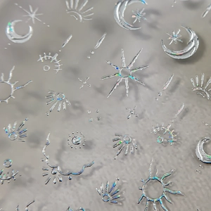 3D holographic star and moon nail art stickers with metallic silver celestial designs