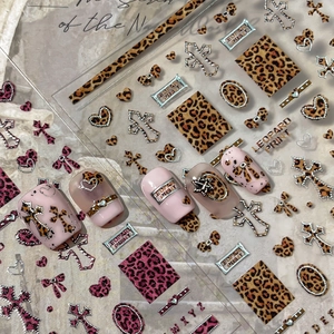 Leopard Print Nail Art Stickers 3D Embossed Cross Heart Bow Letter Design Silver Trim Pink Brown Y2K Fashion Nail Decals