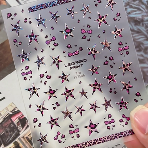Pink and black leopard print nail stickers with star and bow patterns, model YT7546