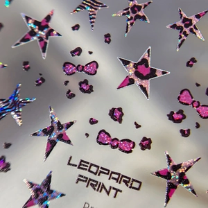 Holographic leopard print and star nail art stickers in vibrant pink and black