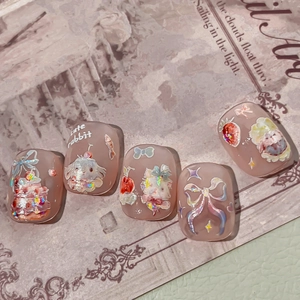 3D Hase Nagelkunst-Set mit rosa Basis, Schleifen und geprägten Erdbeer-Details