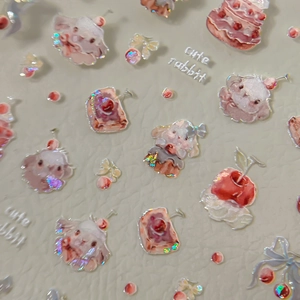 3D süße Hasen und Dessert Nagelaufkleber mit holografischem Laser Glitzereffekt