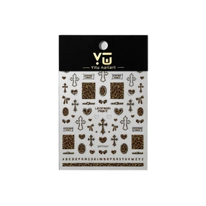 Nail stickers set featuring leopard print squares, silver crosses, and alphabet designs