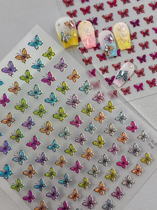 Macro shot of 3D laser butterfly nail decals with iridescent texture and Pro 976 coding