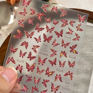 Holographic butterfly nail art stickers in vibrant rose pink metallic finish YT7798