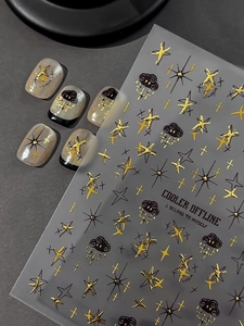 Détails d'autocollants 3D pour ongles avec étoiles dorées, nuages noirs et motifs de slogans