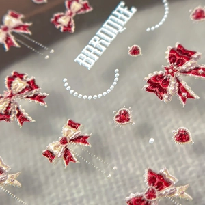 Baroque style 3D nail stickers featuring red bows, hearts and white pearl chain designs