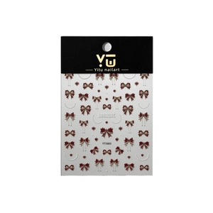 Baroque style nail art stickers with red 3D bows and gold pearl chain designs
