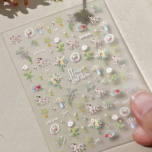 3D relief nail stickers featuring spring flowers, cute horses, and bow tie elements