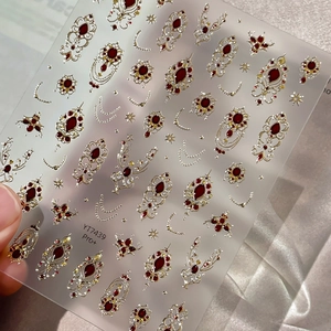 Vintage Baroque nail art stickers with 3D embossed red gems and gold patterns