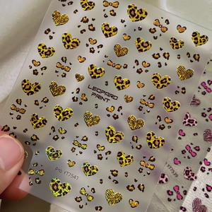 Glitter leopard heart nail decals with gold animal print designs YT7539 and YT7541