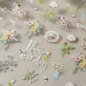 3D embossed nail art stickers featuring cute garden horses and spring floral patterns