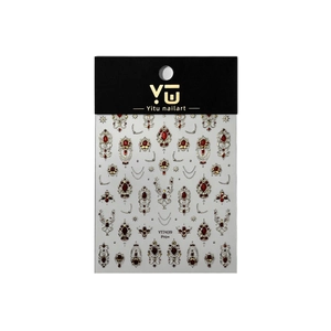 Vintage Baroque nail art stickers with ruby red gems and gold scepter frame patterns