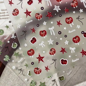 Adesivi per unghie 3D in rilievo con mela rossa, stelle e fiocchi per manicure festive