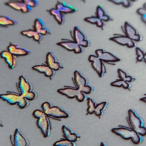 Holographic butterfly nail art stickers with laser glitter effect and black outlines
