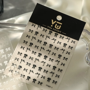 Self-adhesive black bow nail art stickers sheet with various ribbon designs, model YT487-1