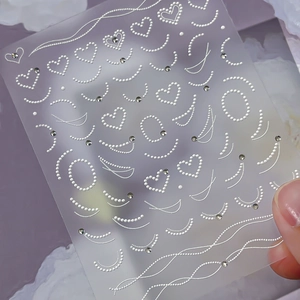 3D heart and pearl wave embossed nail art stickers with crystal rhinestone accents