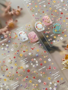 Detail of YT8007 floral nail art stickers with embossed flower patterns and mini wreaths