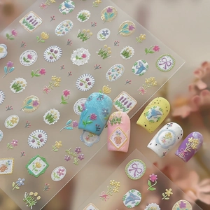 French Vintage Floral Nail Stickers 5D Embossed Relief Tulips Flowers Bird Bow Nail Art Decals For Women DIY Manicure