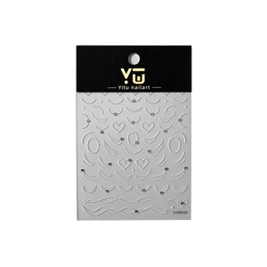 3D embossed heart and pearl chain nail art stickers with silver rhinestones on white