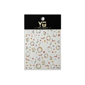 YT8007 5D embossed floral nail art stickers featuring small colorful flower wreaths