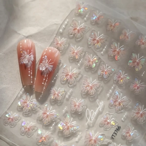 3D embossed laser butterfly nail art stickers with iridescent effect for shell shine manicure