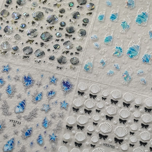 3D embossed ocean shell and bow nail art stickers with metallic pearl finish