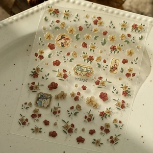 Detail of YT3725 vintage floral nail stickers with embossed rose and lady patterns