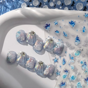 Ocean theme lavender press-on nails with 3D shell texture, pearls and starfish stickers