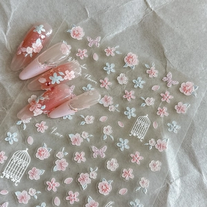 3D Embossed Nail Art Stickers Peach Blossom Butterfly Floral Self Adhesive Nail Decals For DIY Decoration Women Nail Art