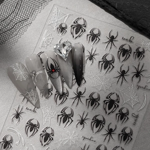 Detail of Halloween spider nail stickers with white webs on silver gradient false nails