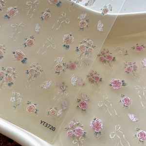 5D embossed nail art stickers with pink roses and butterflies floral patterns