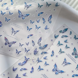 Macro shot of blue butterfly PET stickers with silver stars and motivational phrases
