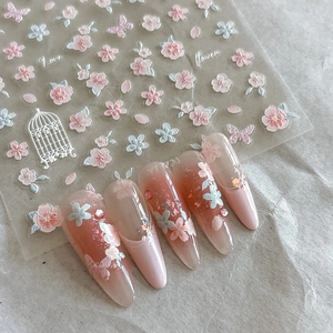 3D embossed peach blossom and butterfly nail art stickers with birdcage patterns