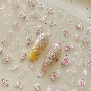 5D Relief Rose Flower Nail Stickers Butterfly Bow Adhesive Nail Decals French Vintage Floral Manicure Decor For Women Elegant Art