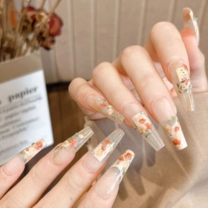 Elegant long square press-on nails with vintage floral patterns and micro rhinestones