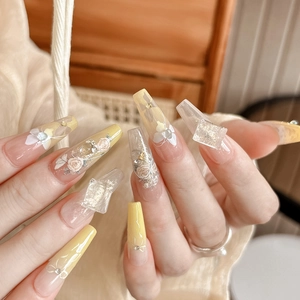 3D floral butterfly nail art stickers with long coffin press-on nails in rose garden design