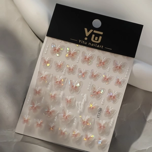 Detail of 3D iridescent butterfly nail art stickers with pink gradient on packaging