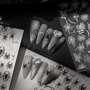 Detail of spider and web nail stickers with silver rhinestones for Halloween