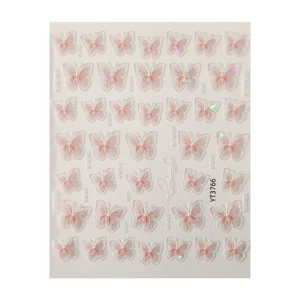 Pink shell butterfly nail stickers with aurora effect and self-adhesive backing design