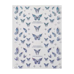 Blue and purple butterfly embossed nail art stickers with glitter star accents on white