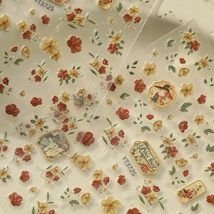 Close-up of vintage oil painting rose 3D embossed nail stickers in retro floral colors