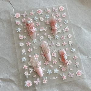 Macro detail of YT3726 nail stickers with pink flowers, butterflies, and birdcage patterns