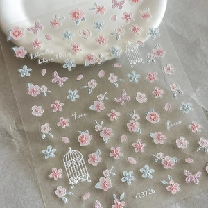Detail of YT3726 nail stickers featuring watercolor flowers and birdcage designs